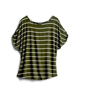 Colette Romey Cold Shoulder Knit Top Green Striped Size Large. Style # W286-SMO
